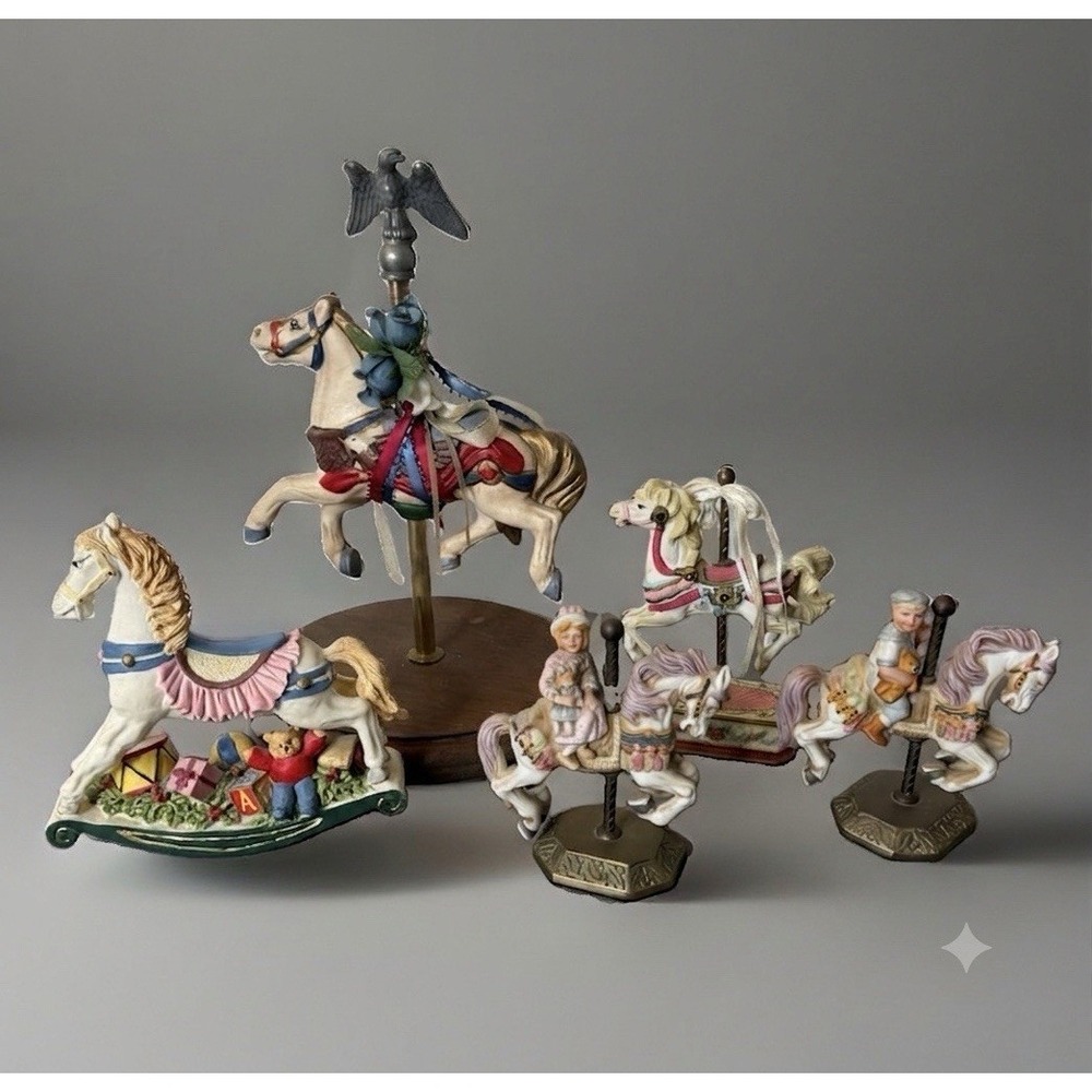 Lot of 5 Vintage Carousel Horse Figurines 4"-10" Ceramic Wood Brass Resin Decor